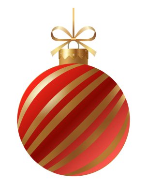 Festive red and gold striped Christmas ornament with a gold ribbon and hanger on a white background. New Year Christmas tree toy. clipart