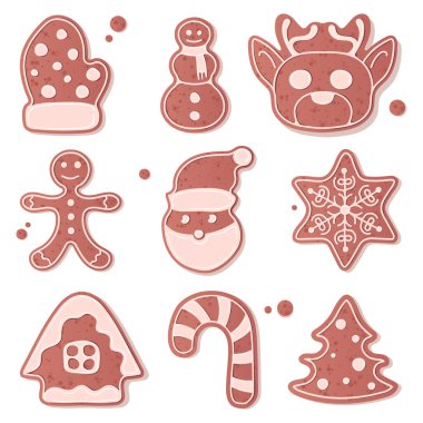 Farklı şekillerde Noel temalı zencefilli kurabiyeler. Eldiven, kardan adam, ren geyiği, Noel Baba, kar tanesi, ağaç, çan, Noel ağacı, şeker, yeni yıl hediyesi.