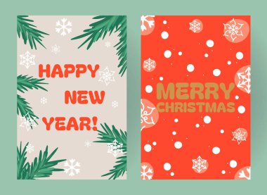 Noel ve Yeni Yıl temalı canlı tasarımlar içeren bir tatil kartı seti. Süsler, kar taneleri, çam dalları ve mevsimsel selamlaşmalar için kırmızı, altın ve yeşil tonlarda şenlikli harfler içerir
