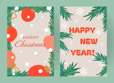 Noel ve yeni yıl temalı bayram kartı ikilisi. Süsler, çam dalları, kar taneleri ve sıcak mevsimsel selamlaşmalar için tarafsız bir arkaplanda koyu kırmızı harfler..