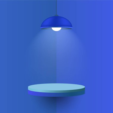 Yüzen bir rafı aydınlatan mavi kolye lambası. Yumuşak gölgeler ve sıcak ışık ile minimal iç tasarım, rahat atmosfer, spot ışık efektli model tasarım