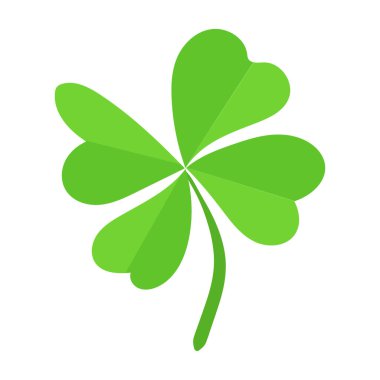 Beyaz arka planda kalp şeklinde yaprakları olan dört yapraklı yeşil yonca. Basit düz çizim. Aziz Patrick Günü ve şans sembolü konsepti