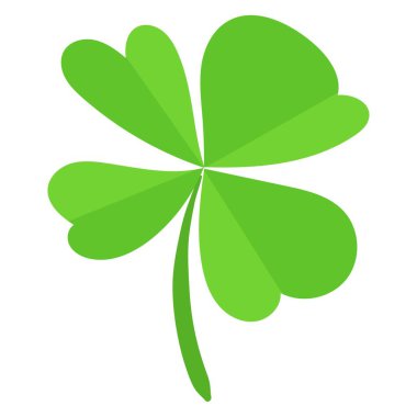 Beyaz arka planda kalp şeklinde yaprakları olan dört yapraklı yeşil yonca. Basit düz çizim. Aziz Patrick Günü ve şans sembolü konsepti