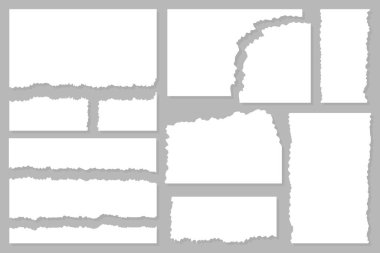 Gri arka planda kenarları pürüzlü yırtık kağıt şekilleri koleksiyonu. Soyut kolaj ve albüm tasarım şablonu
