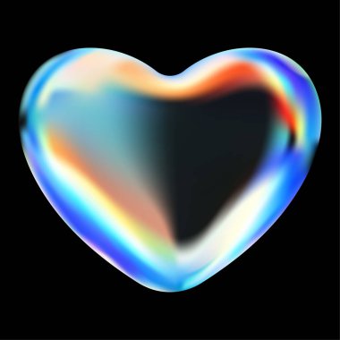 Karanlık eğimli yüzeyi olan parlak yanardöner bir kalp, siyah arka planda canlı gökkuşağı tonlarını yansıtıyor. Aşkı ve gizemi simgeleyen modern soyut tasarım.