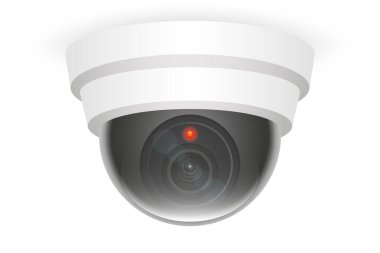 Gözetleme. Kubbe kameraları kırmızı ışıklı beyaz tasarımlar yapıyor. Modern ortamlar için güvenlik, izleme, video kaydı, CCTV sistemleri, gizlilik, teknoloji ve güvenlik ekipmanlarının temsilcisi