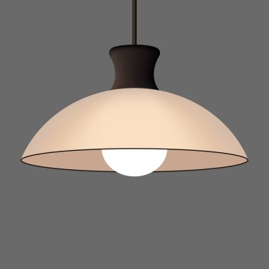 Aydınlatma. Bej rengi kubbe şeklinde bir tonu ve parlayan beyaz bir ampulü olan kolye lambası. İç aydınlatma, modern dekor, minimalist tasarım, sıcak aydınlatma ve fonksiyonel ev veya çalışma alanı ışıklandırması