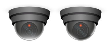 Surveillance. Pair of black dome cameras with red indicator lights. Video monitoring, security systems, observation, protection, and advanced technology for ensuring safety in public or private spaces clipart