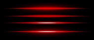 Siyah arka plan üzerinde ışıldayan gerçekçi kırmızı lazer ışınları. Gelecekçi enerji çizgileri, bilim kurgu hız hareketi, neon siber ışık.