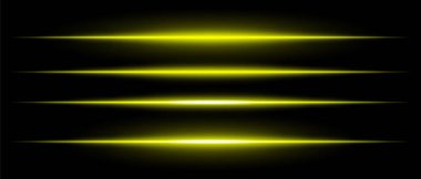 Siyah arka plan üzerinde ışıldayan gerçekçi sarı lazer ışınları. Gelecekçi enerji çizgileri, bilim kurgu hız hareketi, neon siber ışık.