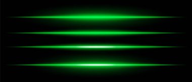 Siyah arka plan üzerinde ışıldayan gerçekçi yeşil lazer ışınları. Gelecekçi enerji çizgileri, bilim kurgu hız hareketi, neon siber ışık.