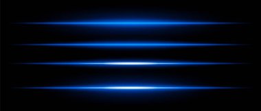 Siyah arka plan üzerinde ışıldayan gerçekçi mavi lazer ışınları. Gelecekçi enerji çizgileri, bilim kurgu hız hareketi, neon siber ışık.