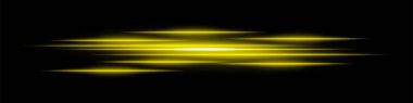 Soyut ışık arka planda iz bırakır. Koyu arkaplan üzerinde hareket bulanıklığı olan parlak sarı yatay çizgiler. Geleceksel hız, enerji akışı, lazer ışınları ve teknoloji konsepti.