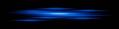 Soyut ışık arka planda iz bırakır. Koyu arkaplan üzerinde hareket bulanıklığı olan parlak mavi yatay çizgiler. Geleceksel hız, enerji akışı, lazer ışınları ve teknoloji konsepti.