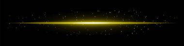 Koyu arkaplanda dağınık parçacıklar olan parlak sarı yatay ışık huzmesi. Fütürist enerji patlaması, lazer etkisi, bilim kurgu aydınlanması ve dijital ışıltı kavramı..