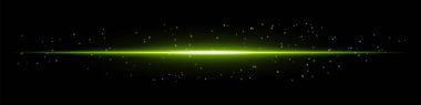 Koyu arkaplanda dağınık parçacıklar olan parlak yeşil yatay ışık huzmesi. Fütürist enerji patlaması, lazer etkisi, bilim kurgu aydınlanması ve dijital ışıltı kavramı..