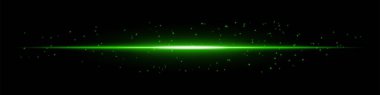 Koyu arkaplanda dağınık parçacıklar olan parlak yeşil yatay ışık huzmesi. Fütürist enerji patlaması, lazer etkisi, bilim kurgu aydınlanması ve dijital ışıltı kavramı..