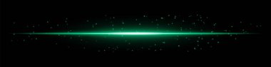 Koyu arkaplanda dağınık parçacıklar olan parlak yeşil yatay ışık huzmesi. Fütürist enerji patlaması, lazer etkisi, bilim kurgu aydınlanması ve dijital ışıltı kavramı..