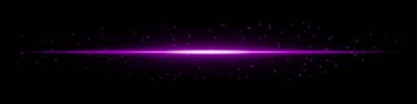 Koyu arkaplanda dağınık parçacıklar olan parlak mor yatay ışık huzmesi. Fütürist enerji patlaması, lazer etkisi, bilim kurgu aydınlanması ve dijital ışıltı kavramı..