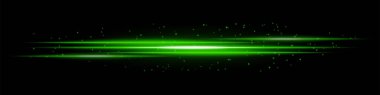 Parlak yeşil ışık çizgileri ve koyu arkaplanda dağınık parçacıklar. Fütüristik enerji akışı, lazer etkisi, neon aydınlatma ve dijital hız hareketi kavramı.