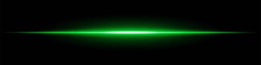 Koyu bir arka planda parlayan yeşil yatay ışık huzmesi. Geleceğin lazer efekti, enerji patlaması, neon aydınlatma ve bilim-kurgu dijital parlaklık kavramı..