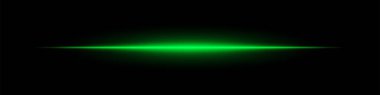 Koyu bir arka planda parlayan yeşil yatay ışık huzmesi. Geleceğin lazer efekti, enerji patlaması, neon aydınlatma ve bilim-kurgu dijital parlaklık kavramı..