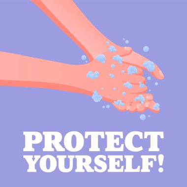 Koru kendini. El yıkama sabun, hijyen farkındalığı, kişisel koruma, sağlık güvenlik mesajı, temiz alışkanlıklar, mavi geçmiş, kamu sağlığı hatırlatıcısı.