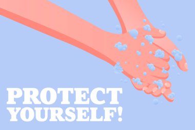 Koru kendini. Kişisel hijyen farkındalığı, sabun, köpük ve baloncuklarla el yıkama, kamu güvenliği, virüs önleme