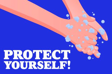 Koru kendini. El yıkama güvenliği, sabun köpükleri, hijyen farkındalığı, temiz eller, hastalık önleme, sağlık mesajı, koyu mavi arka plan