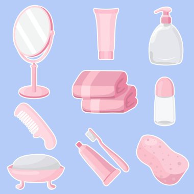 Kişisel temizlik seti ikonu. Ayna, havlu, sabun, tarak, diş fırçası, diş macunu, deodorant, sıvı sabun ve mavi arka planda sünger. Kişisel bakım ve günlük bakım için kullanılır.