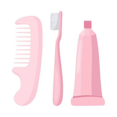 Tımarlama simgesi. Tarak, diş fırçası ve diş macunu. Saç ve diş sağlığı için kişisel hijyen ve günlük bakım gereksinimleri.