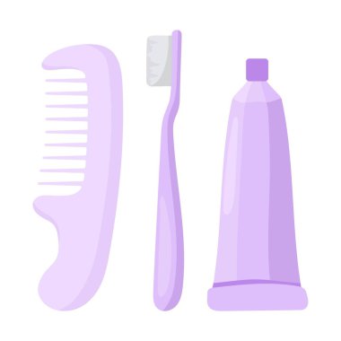 Tımarlama simgesi. Tarak, diş fırçası ve diş macunu tüpü. Hijyen ve günlük rutin bakım için temel kişisel bakım malzemeleri.