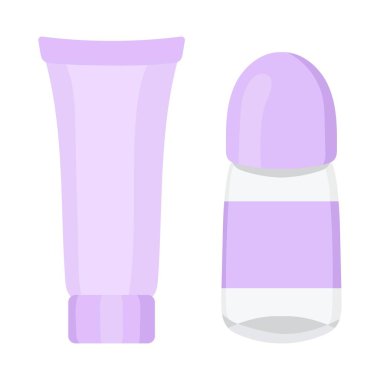 Kişisel bakım seti simgesi. Kozmetik tüp ve etiketli roll-on deodorant. Cilt bakımı, tazelik ve günlük bakım için kullanılır.