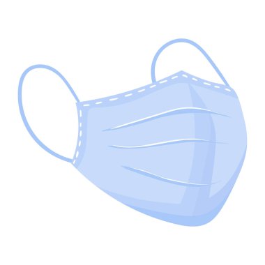 Tıbbi maske ikonu. Açık mavi tek kullanımlık yüz maskesi ve kulak tıkacı. Sağlık, hijyen ve güvenlik için kullanılır.