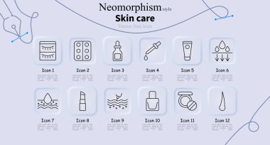 Cilt bakımı simgesi. Göz bandı, hap, serum, damlatıcı, krem, hidrasyon, emilim, nem, ruj, cilt dokusu, tırnak cilası, pudra, saç kökü.