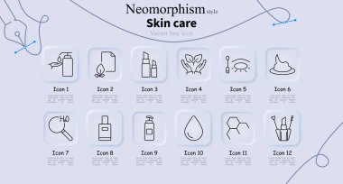 Cilt bakımı simgesi. Losyon, cilt bakımı, makyaj seti, el koruması, göz serumu, yüz maskesi, su analizi, parfüm, yüz temizleme, su, kimyasal formül, kozmetik aletler..