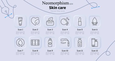 Cilt bakımı simgesi. Yüz kremi, organik cilt kremi, kavanoz, köpük, su, nemli eller, tabletler, ilaç şişesi, kirpik büyümesi, losyon, şeker kutusu..