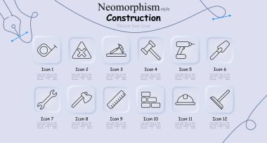 Yapılandırma simgesi. Ölçüm bandı, uyarı işareti, çekiç, çekiç, matkap, kürek, anahtar, balta, cetvel, tuğla, kasket.