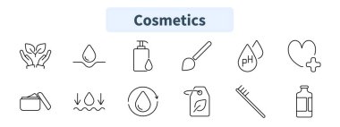 Kozmetik set simgesi. El bakımı, hidrasyon, pompa şişesi, makyaj fırçası, pH dengesi, kalp sağlığı, krem, nemlendirici, cilt bakımı, organik etiket, tarak, şişe.