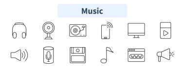 Müzik seti simgesi. Kulaklıklar, webcam, vinil kayıt, akıllı telefon sesi, bilgisayar, video oyunu, ses kontrolü, mikrofon, kaset, müzik notu, tarayıcı, hoparlör.