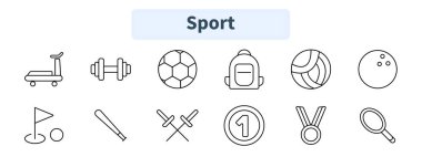 Spor seti simgesi. Koşu bandı, dambıl, futbol topu, sırt çantası, voleybol, bowling topu, golf, beyzbol sopası, eskrim, madalya, kupa, tenis raketi.