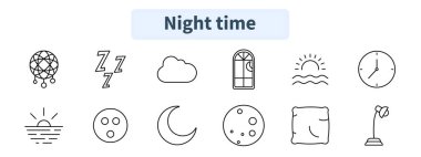 Gece seti simgesi. Düş kapanı, uyku, bulut, pencere, gün batımı, saat, gün doğumu, ay, dolunay, yastık, lamba.
