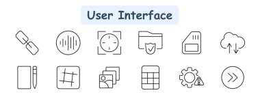 Kullanıcı arayüzü seti simgesi. Bağlantı, ses dalgası, hedef, dizin güvenliği, hafıza kartı, bulut depolama, defter, ızgara, galeri, tablo, ayarlar, hızlı ileri.