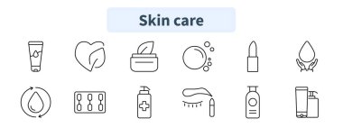 Cilt bakımı simgesi. Losyon, organik, nemlendirici, balon, ruj, hidrasyon, dolaşım, tabletler, antiseptik, göz kremi, şampuan, kozmetik..