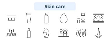 Cilt bakımı simgesi. Krem, losyon, serum, damla, hidrasyon, haplar, nemlendirici, emilim, beslenme, yumuşak cilt, saç tedavisi.