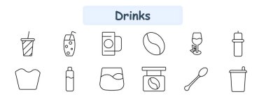 İçkiler ikonu belirler. Soda bardağı, karbonatlı içecek, kahve fincanı, kahve çekirdeği, şarap bardağı, bebek şişesi, abur cubur, su şişesi, viski bardağı, kahve deposu, karıştırma kaşığı, servis kupası..