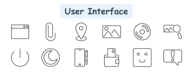 Kullanıcı arayüzü seti simgesi. Tarayıcı penceresi, ataç, konum iğnesi, resim, yükleme, resim arama, güç düğmesi, karanlık mod, mobil giriş, dijital cüzdan, emoji, bildirim.