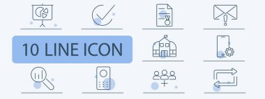 İş ve iletişim simgesi. Sunum tahtası, kontrol işareti, sertifika, uyarı maili, okul binası, akıllı telefon ayarları, veri analizi, uzaktan kumanda, takım işbirliği, senkronize oklar.