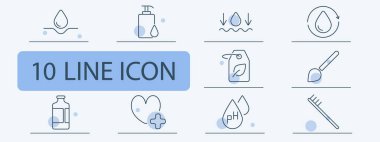 Su ve hijyen seti ikonu. Bir damla su, sıvı sabun, emilim, su döngüsü, eko etiketi, fırça, ilaç şişesi, tıbbi kalp, pH dengesi, diş fırçası.