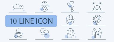 Aşk ve ilişkiler ikonu oluşturur. Bulutlu kalp, aşk kilidi, şarap tarihi, topluluk, şefkat, küresel aşk, kahve tarihi, LGBT, empati, çift.